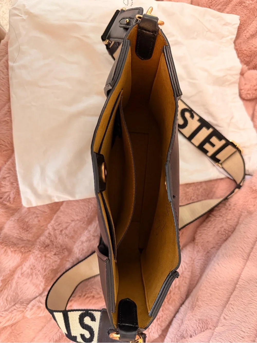 Stella McCartney Black Vegan Leather with Beige Logo Strap Crossbody Bag
